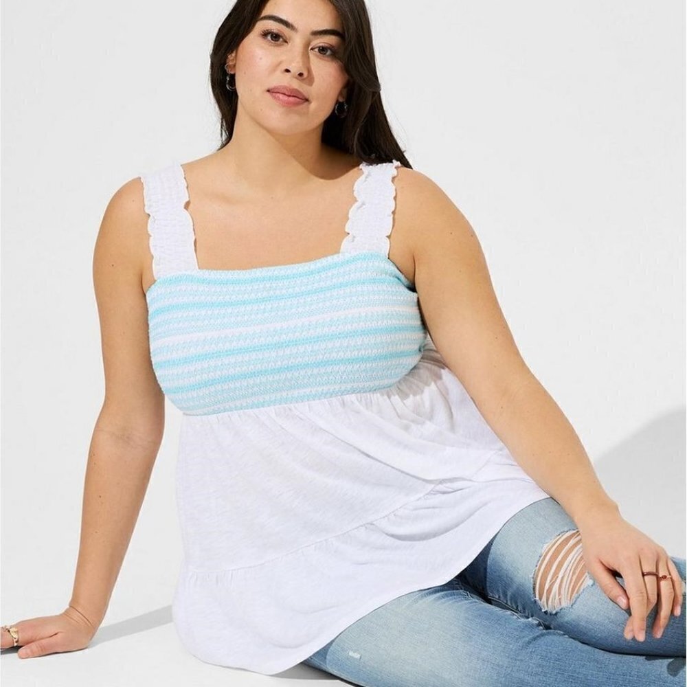 Torrid - Cotton Modal Slub Square Neck Smocked Babydoll Tank in Bright White‌‌‌